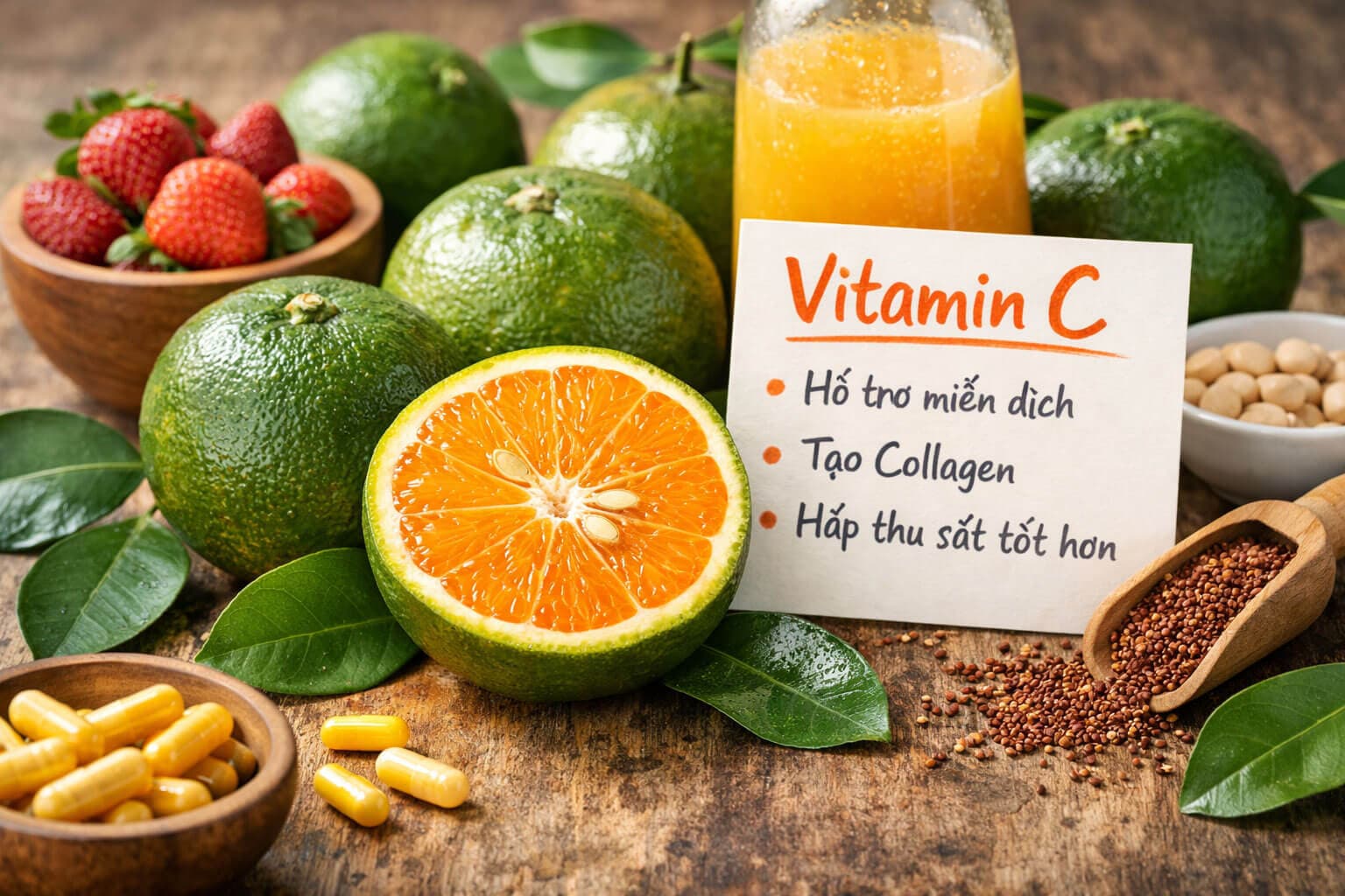 Vitamin C trong cam sành giúp miễn dịch, tạo collagen và hỗ trợ hấp thu sắt