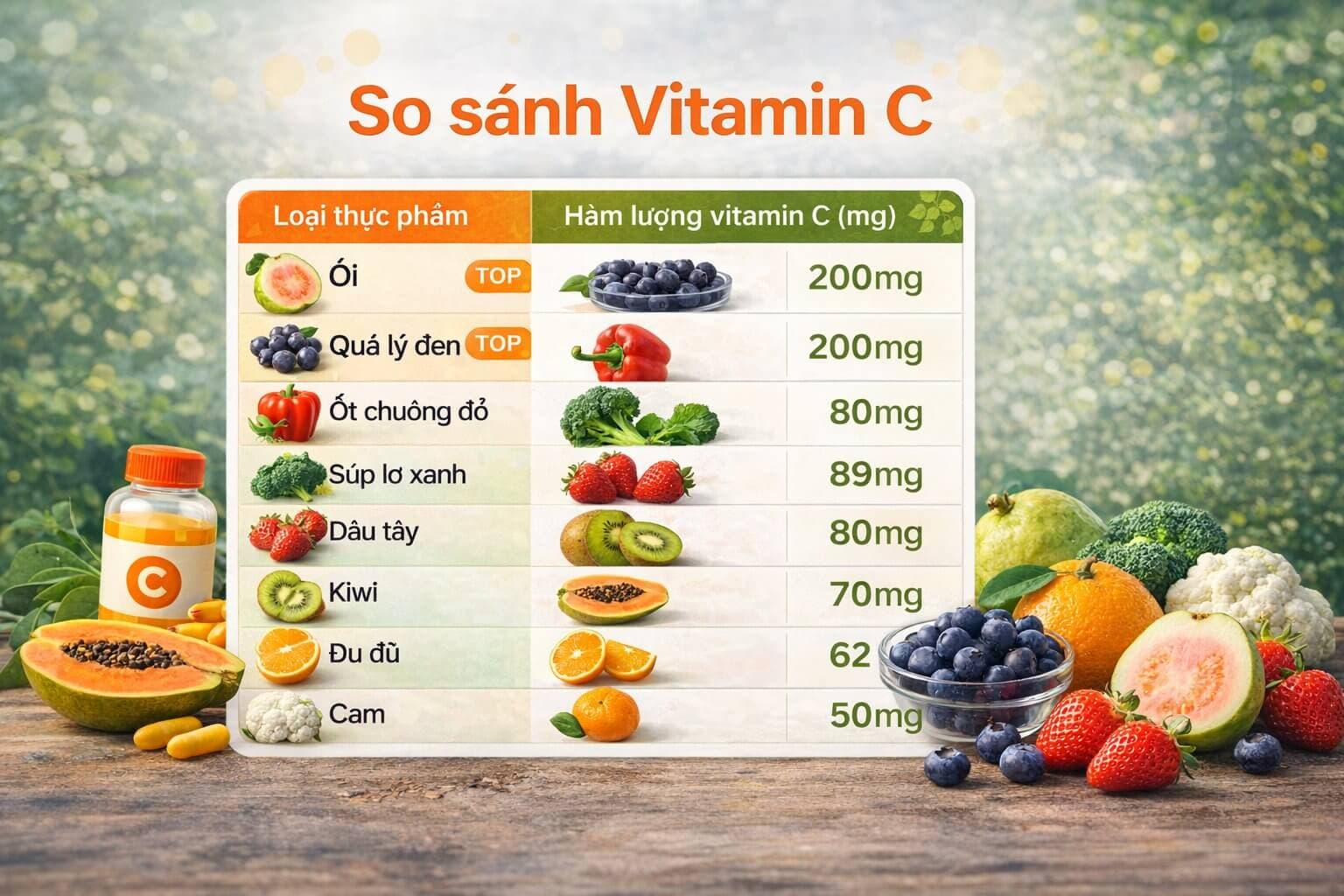 So sánh Vitamin C giữa cam sành và các thực phẩm giàu Vitamin C
